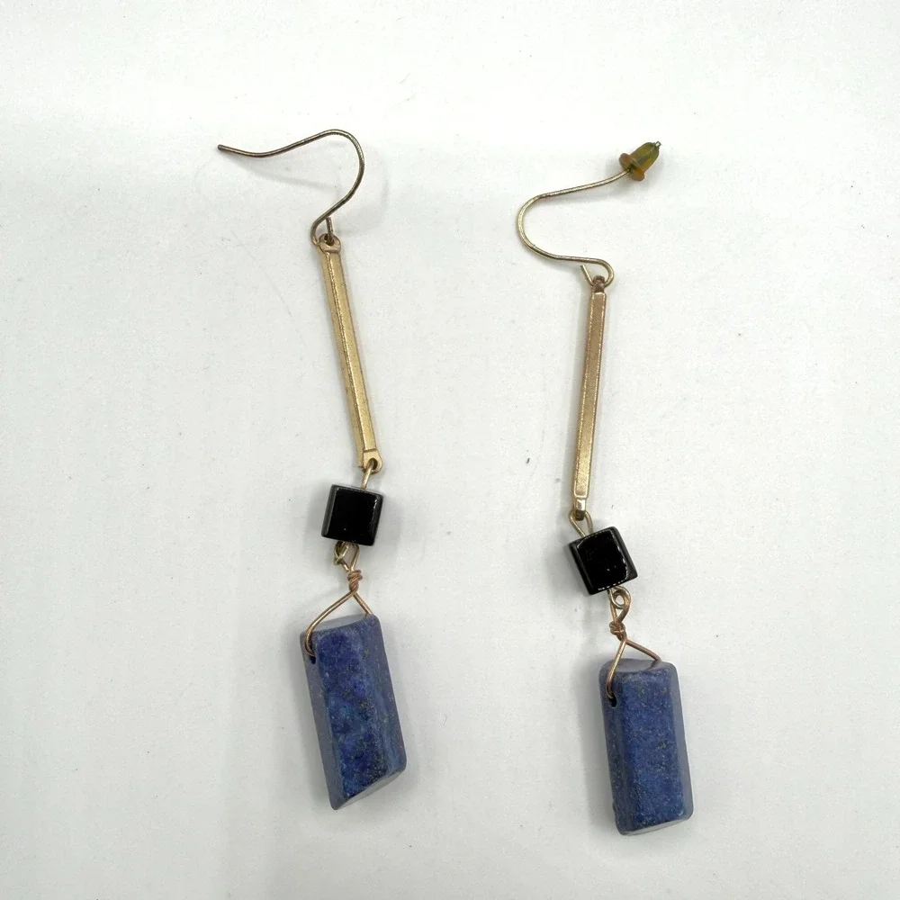 Lapis Lazuli Black Onyx Gold Tone Long Dangle Earrings Boho Geometric Gift Her